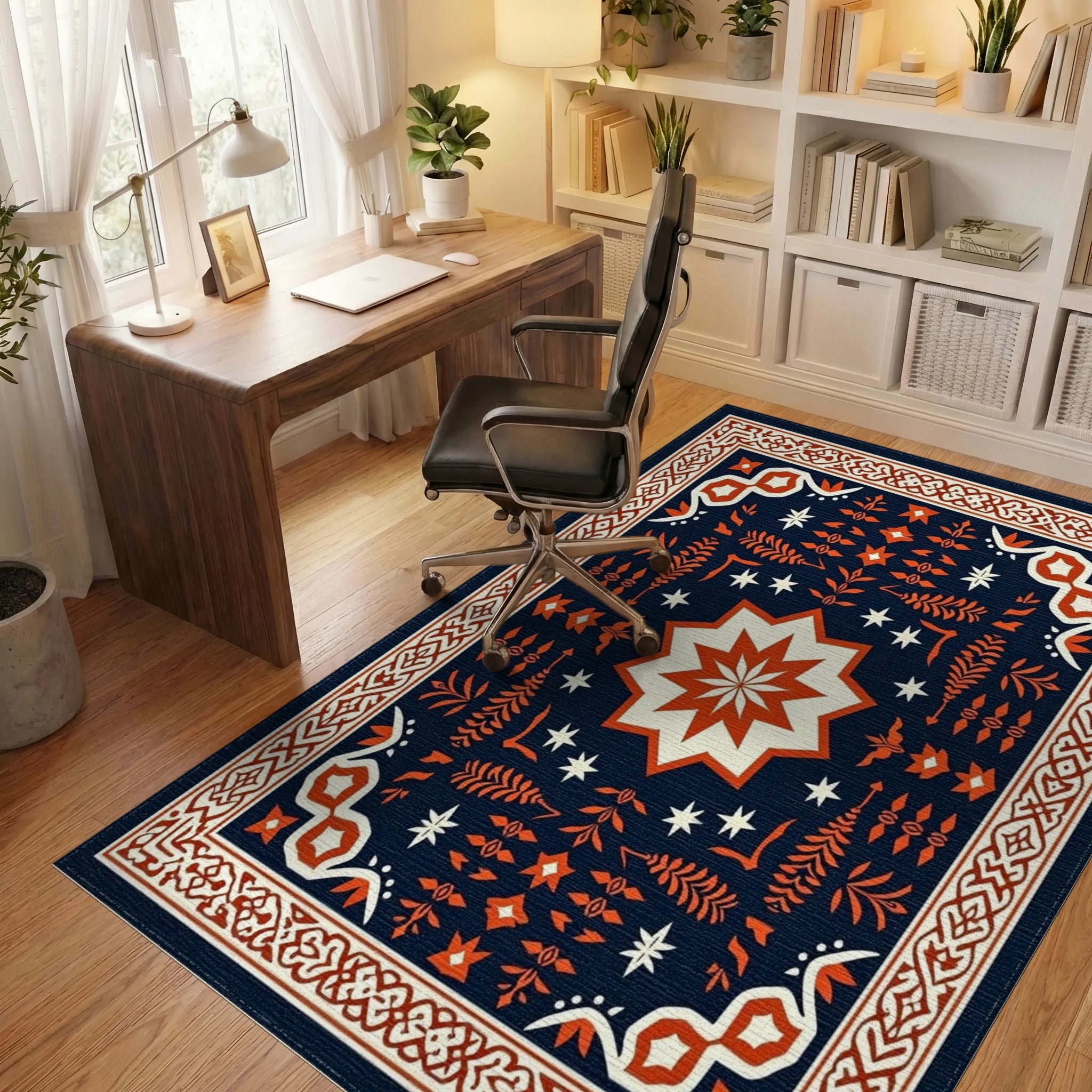 Deep Navy Orange Star Medallion Border Rug - Office View