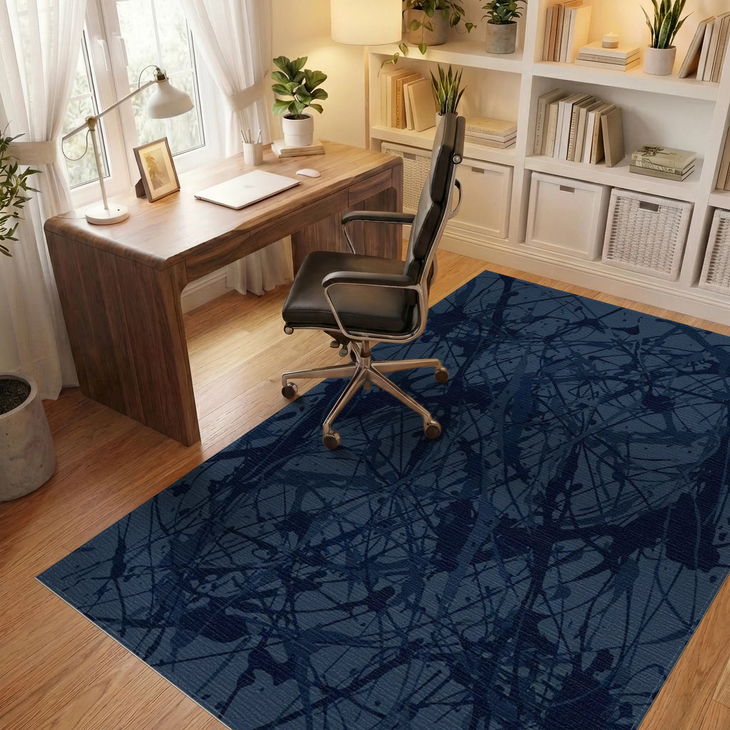 Deep Navy Splatter Abstract Rug Office View