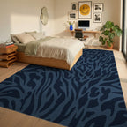 Deep Navy Wild Animal Imprint Rug Bedroom View