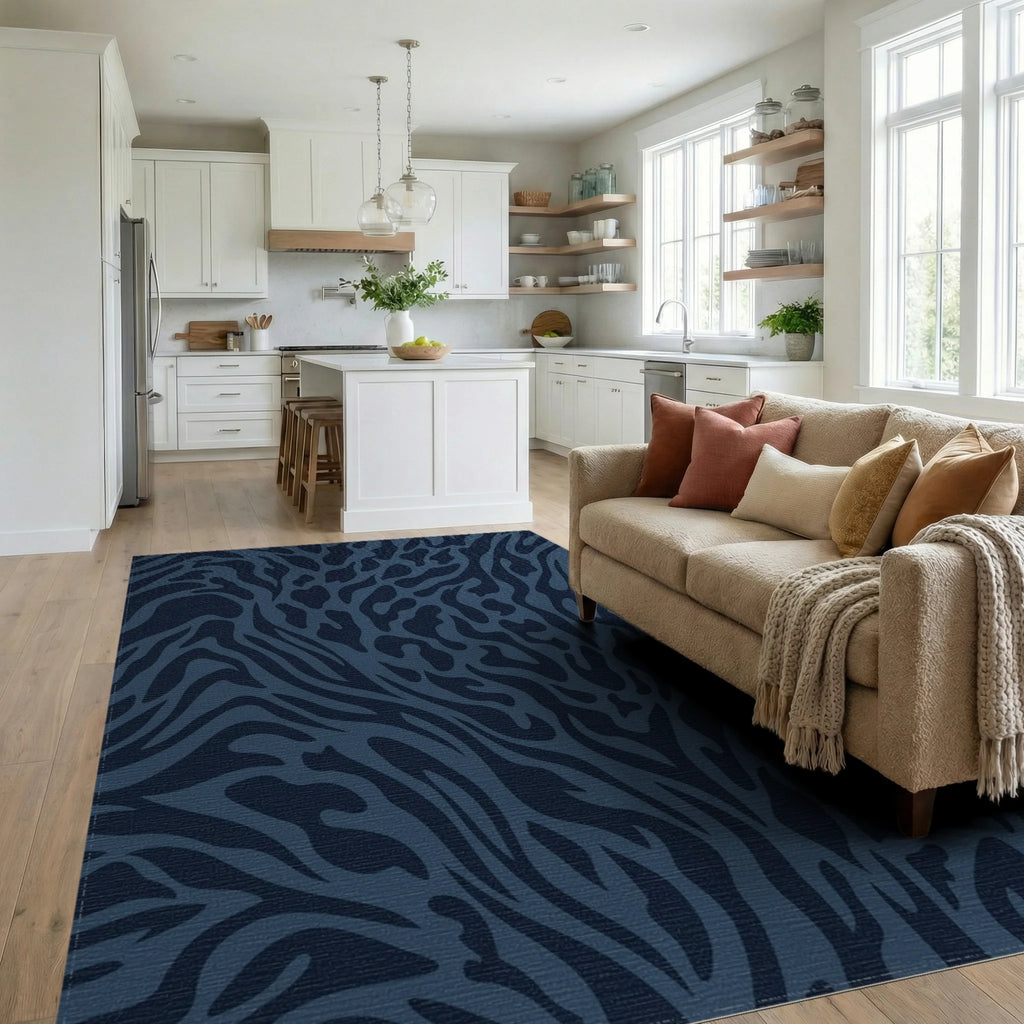 Deep Navy Wild Animal Imprint Rug Living Room View