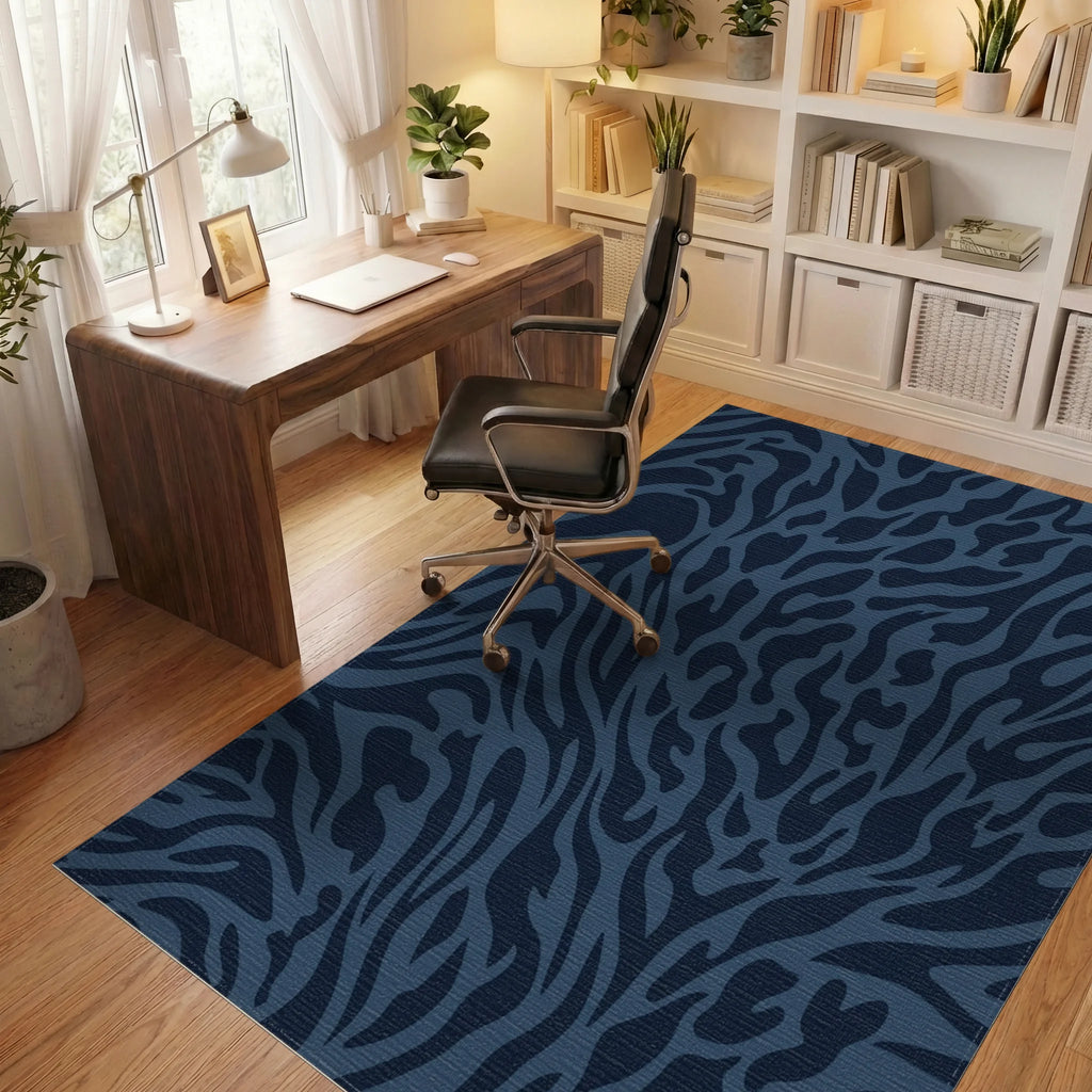 Deep Navy Wild Animal Imprint Rug Office View