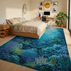 Deep Ocean Coral Reef Scene Rug - Bedroom View
