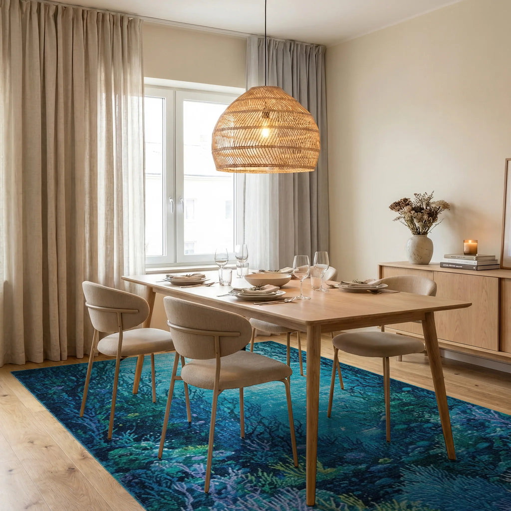Deep Ocean Coral Reef Scene Rug - Dining Room View