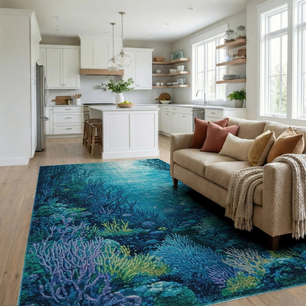 Deep Ocean Coral Reef Scene Rug - Living Room View