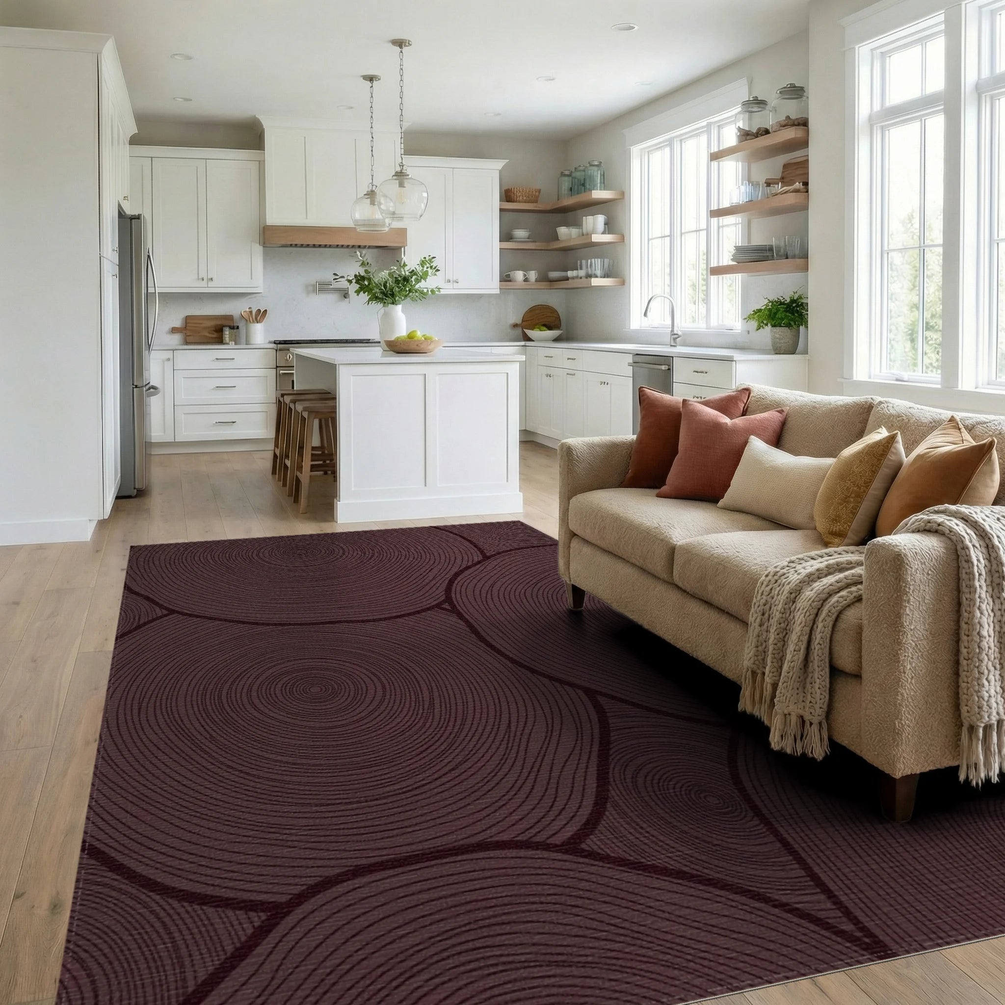 Deep Plum Circular Wood Grain Rug Living Room View