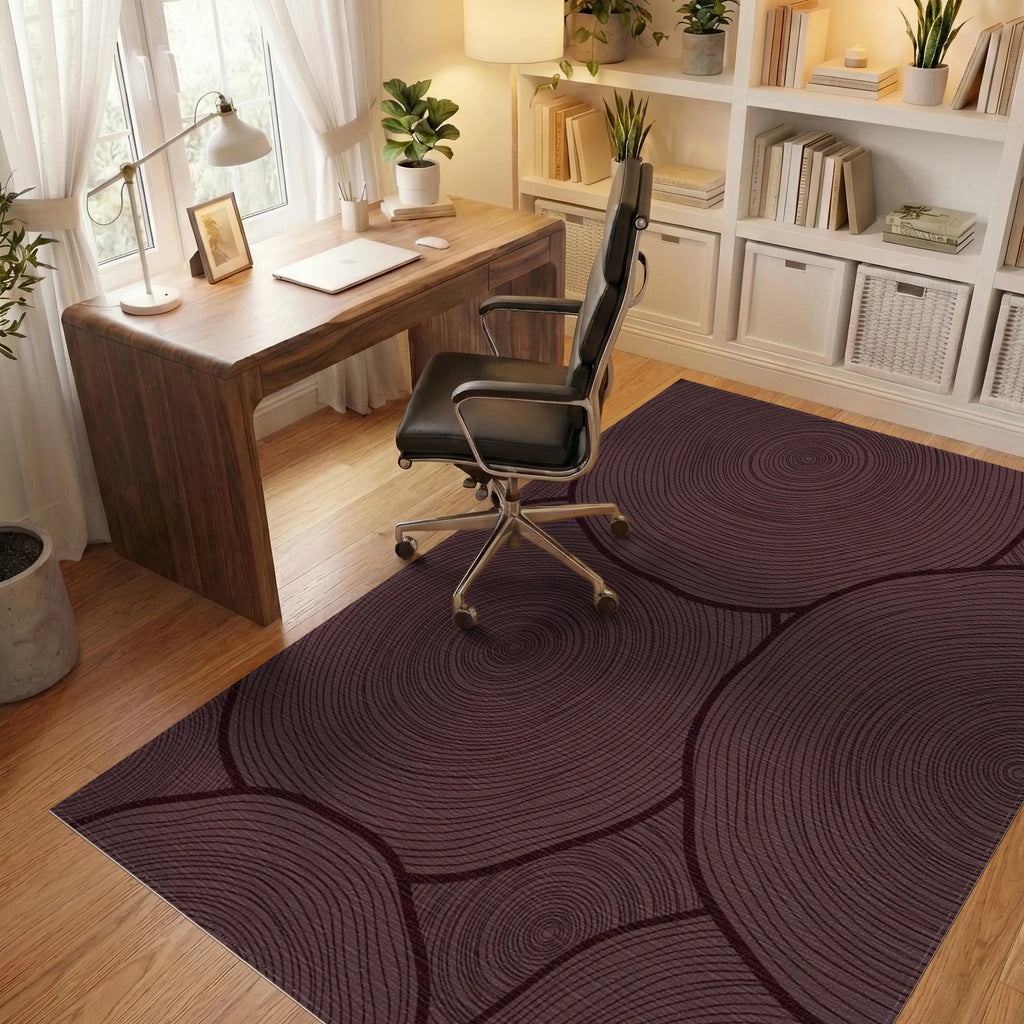 Deep Plum Circular Wood Grain Rug Office View