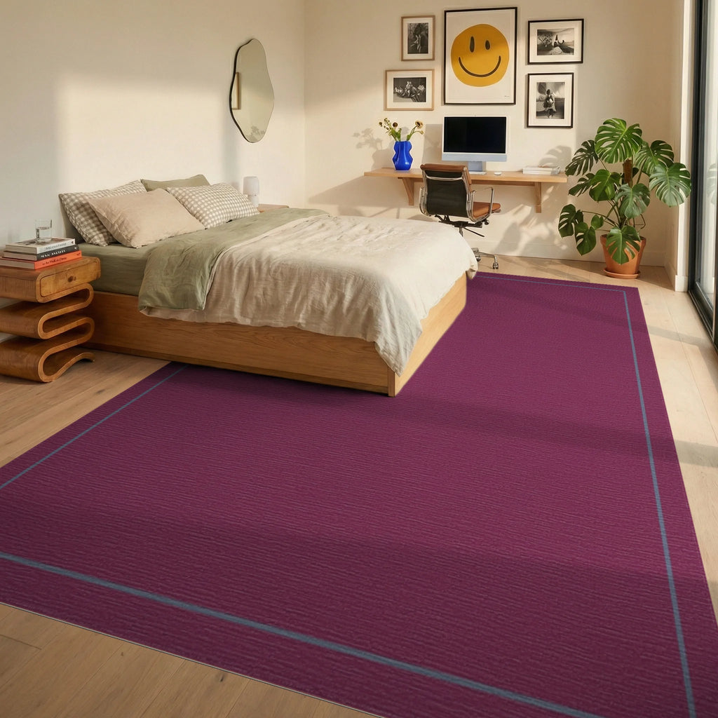 Deep Plum Geometric Border Rug Bedroom View