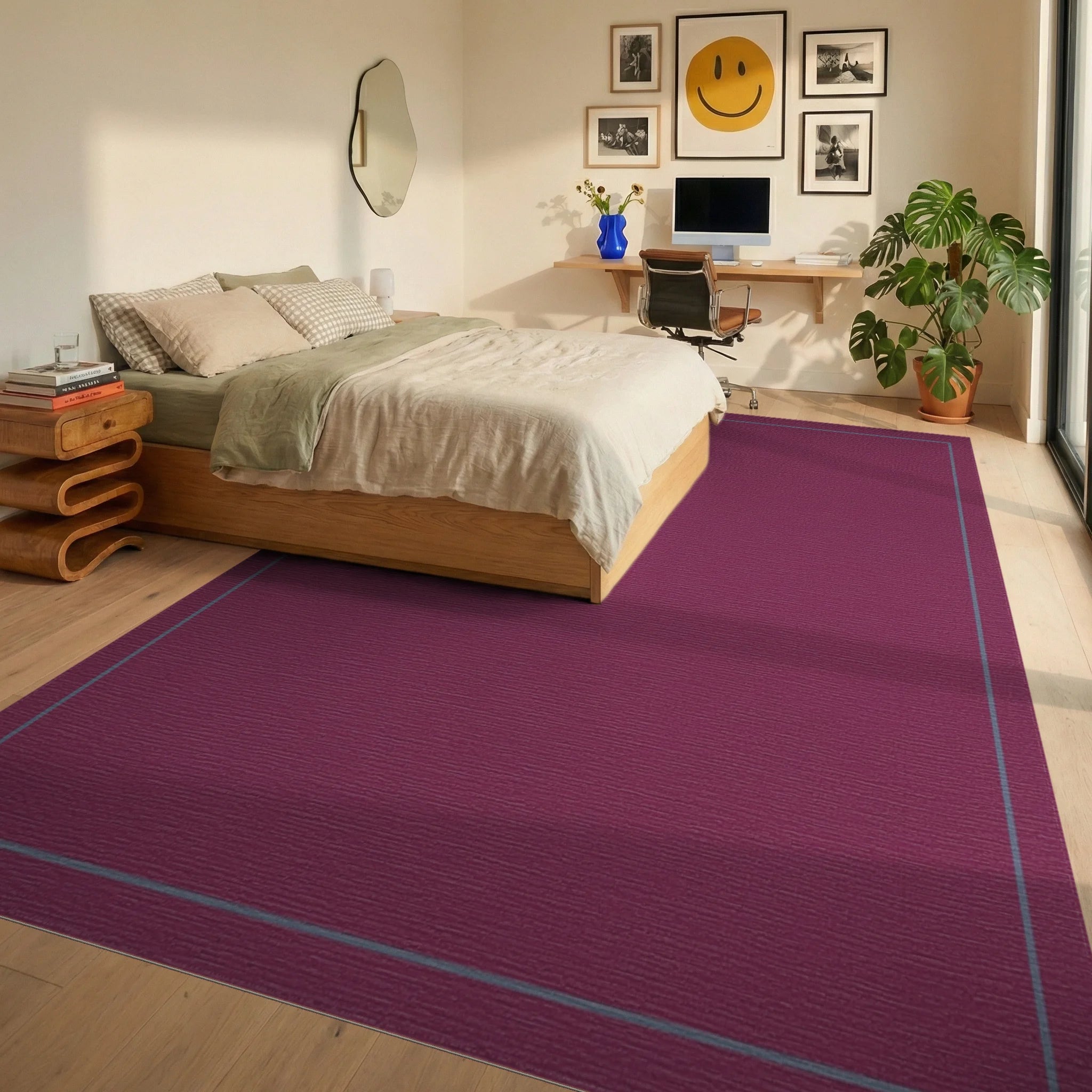 Deep Plum Geometric Border Rug Bedroom View