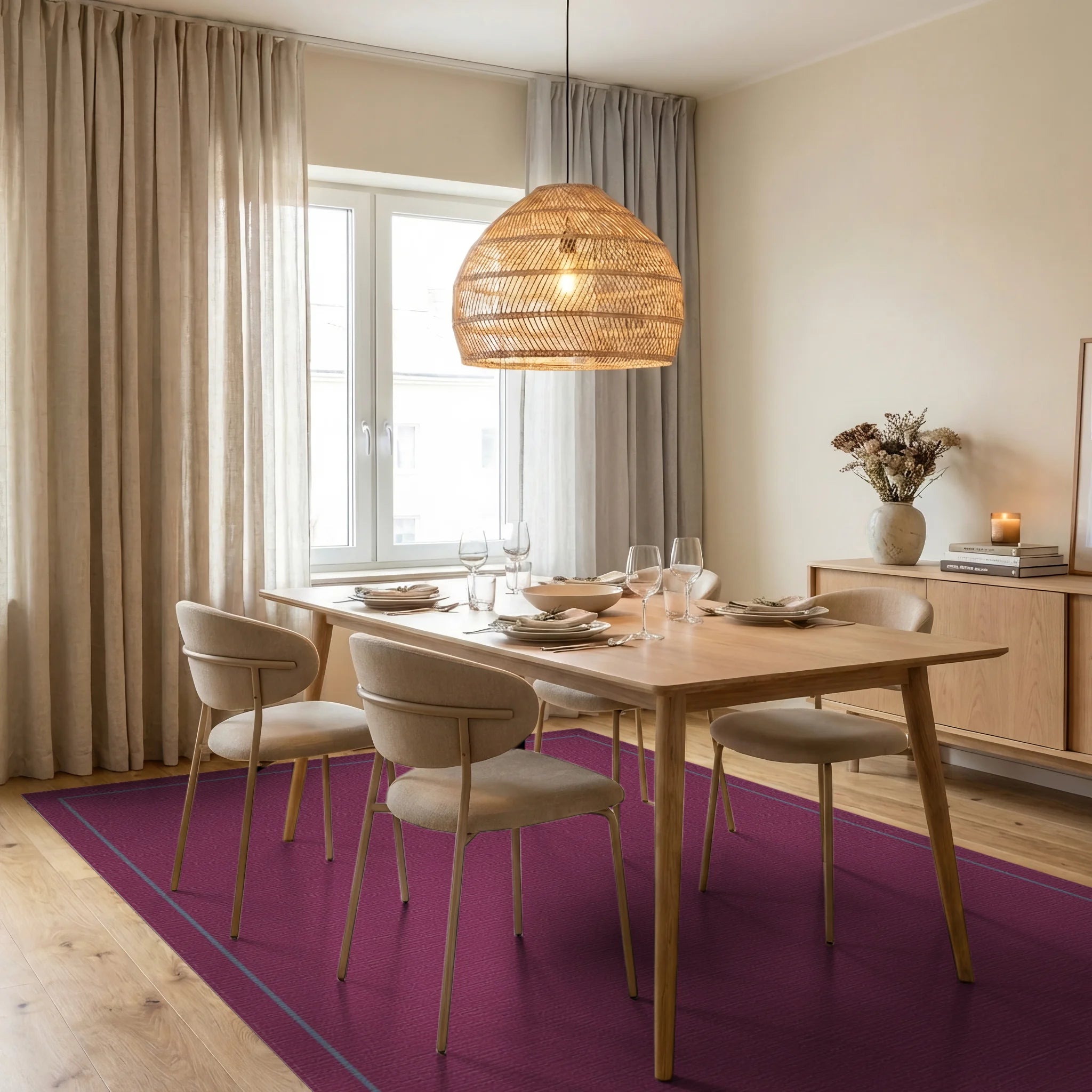 Deep Plum Geometric Border Rug Dining Room View