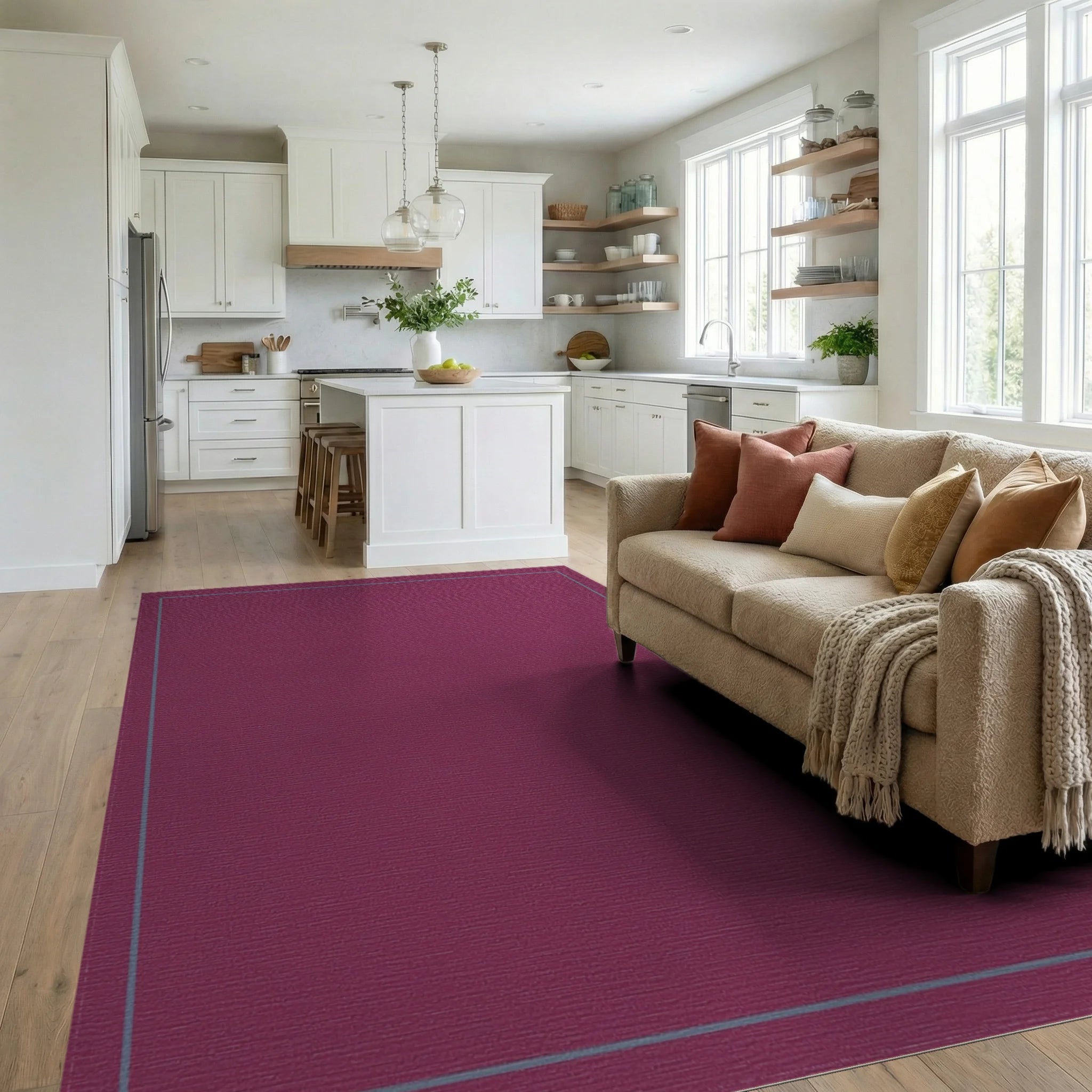 Deep Plum Geometric Border Rug Living Room View