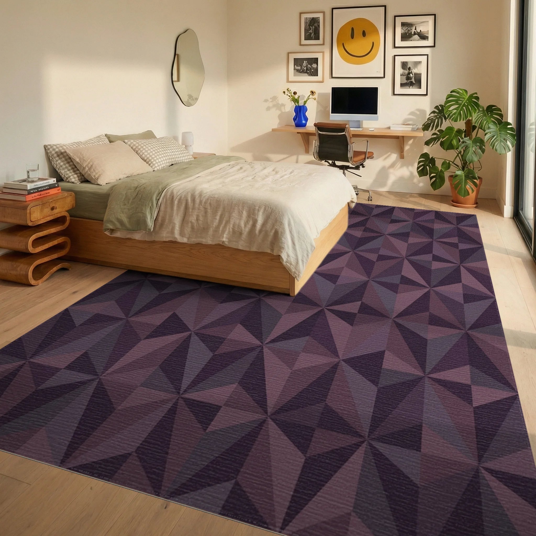 Deep Plum Geometric Starburst Rug Bedroom View