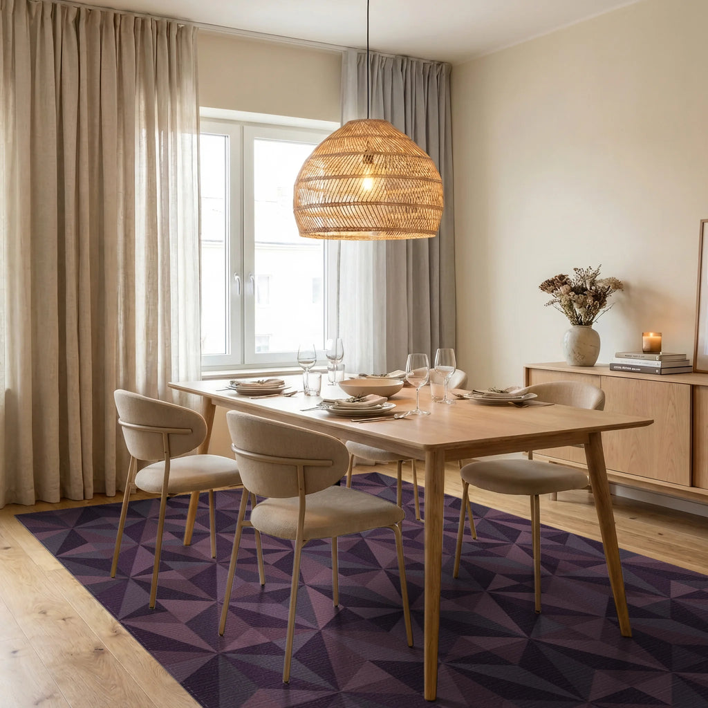 Deep Plum Geometric Starburst Rug Dining Room View