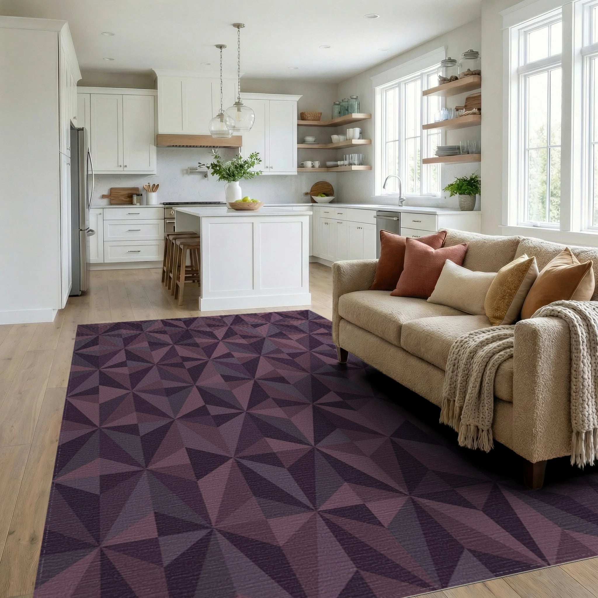 Deep Plum Geometric Starburst Rug Living Room View