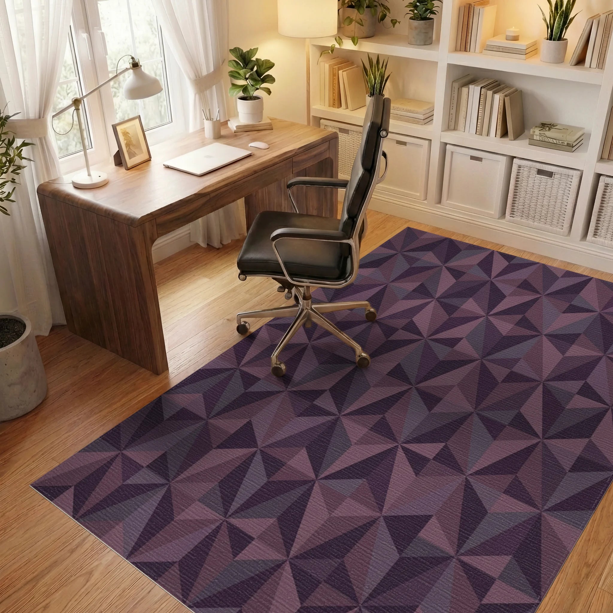 Deep Plum Geometric Starburst Rug Office View