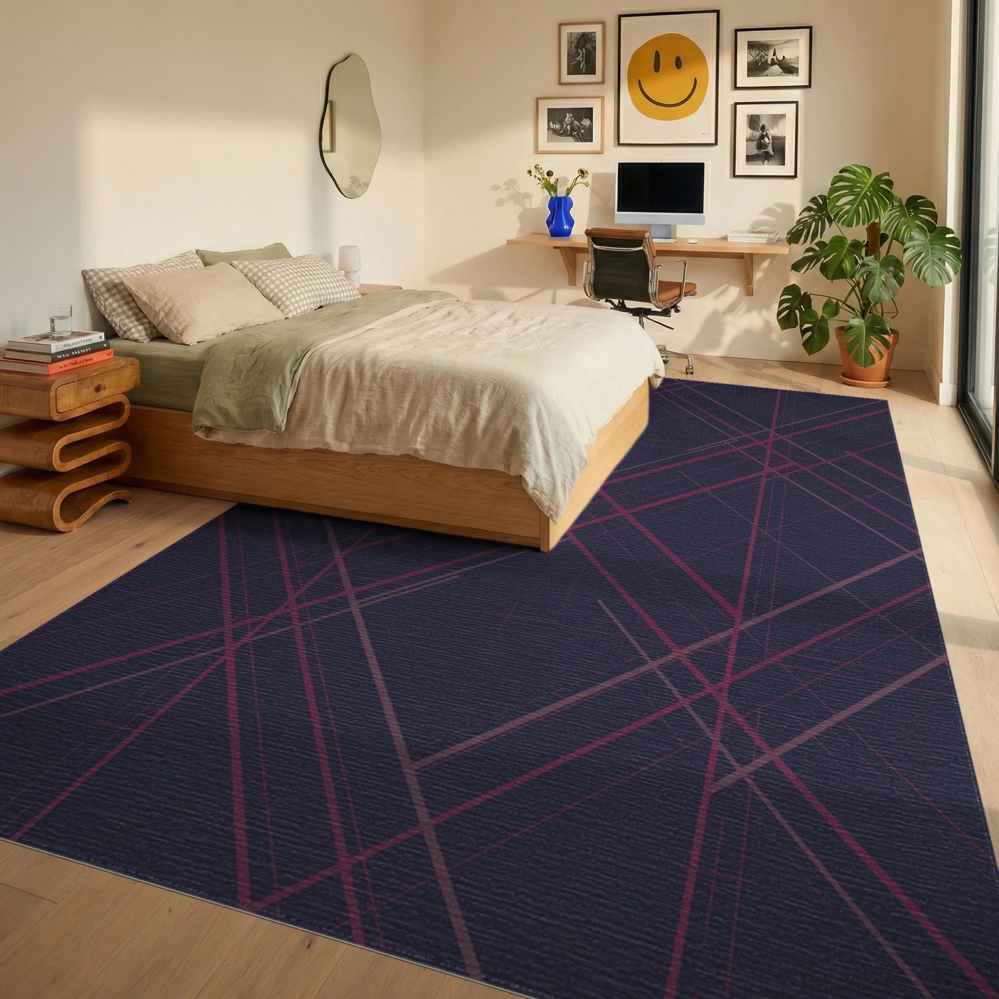 Deep Plum Intersecting Lines Rug Bedroom View
