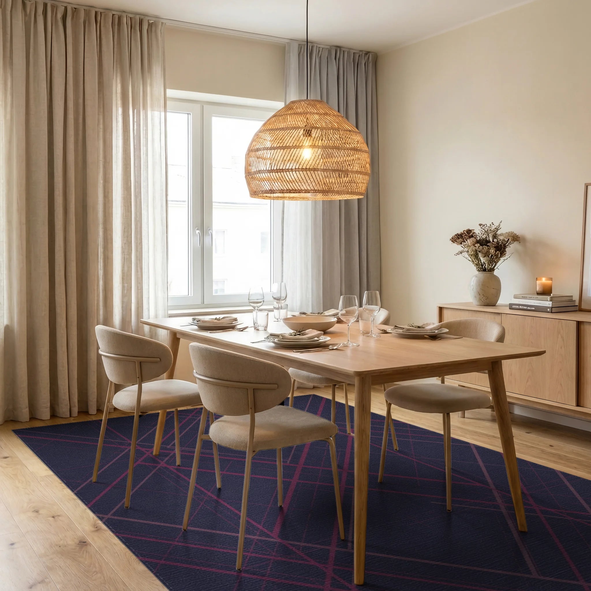 Deep Plum Intersecting Lines Rug Dining Room View