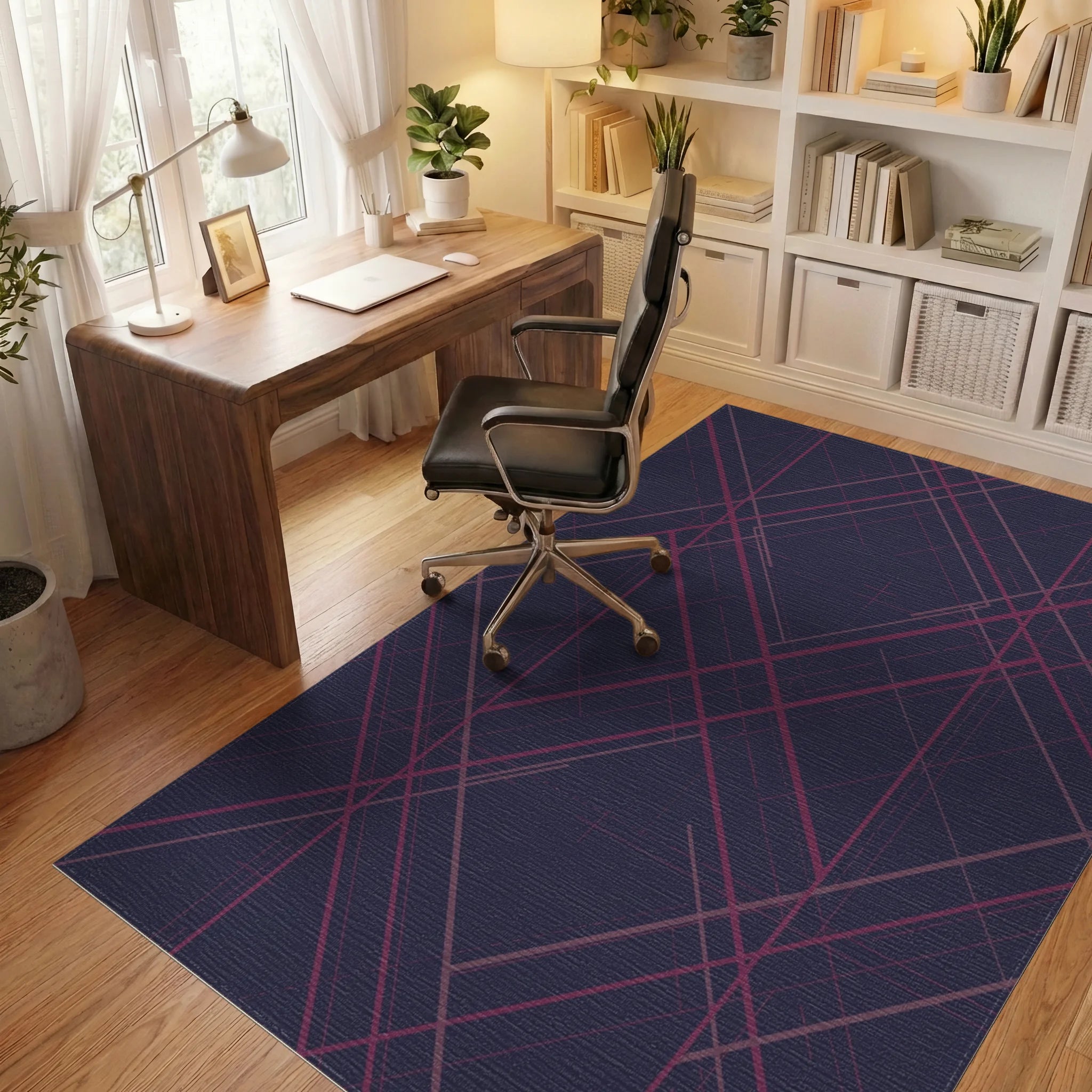 Deep Plum Intersecting Lines Rug Office View