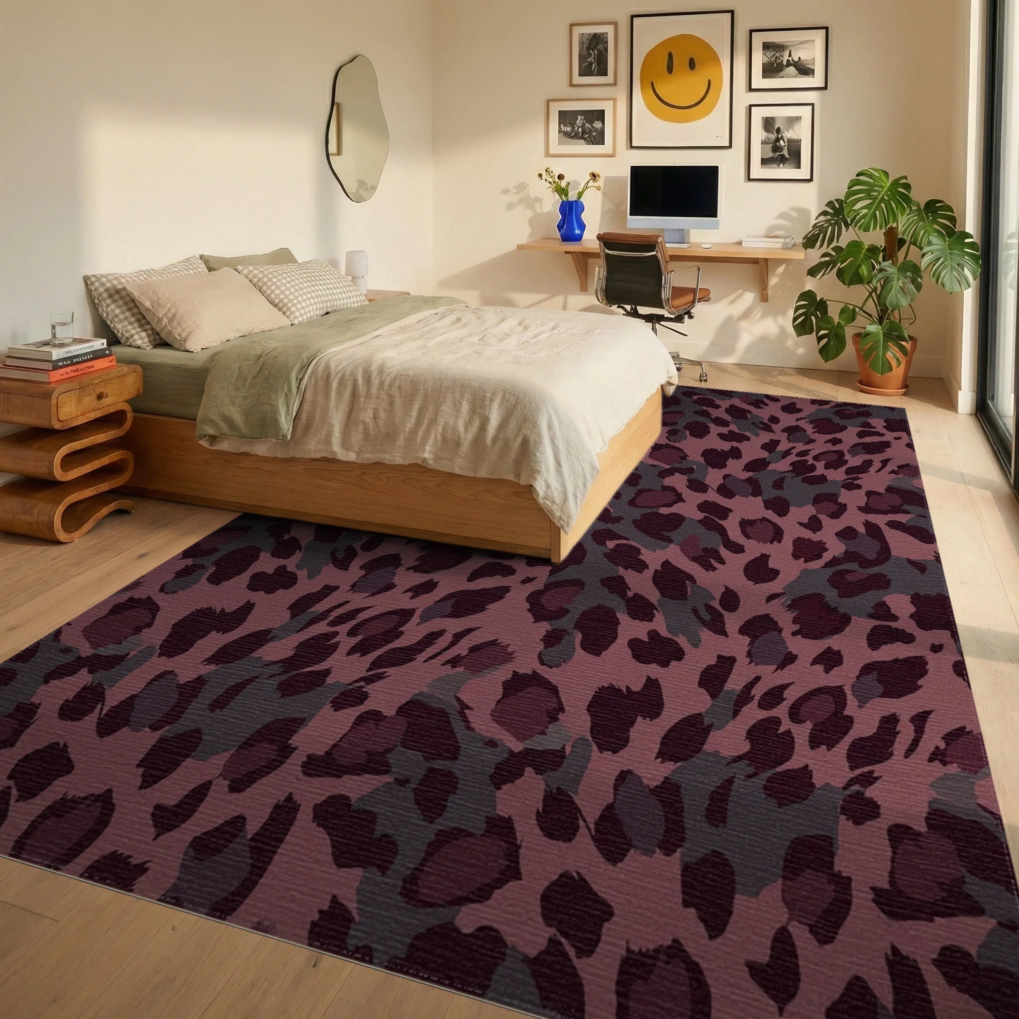 Deep Plum Leopard Spot Rug Bedroom View