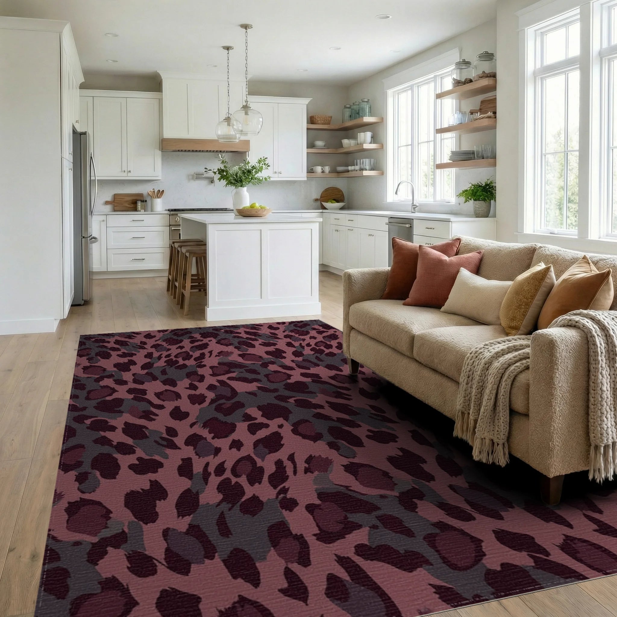 Deep Plum Leopard Spot Rug Living Room View