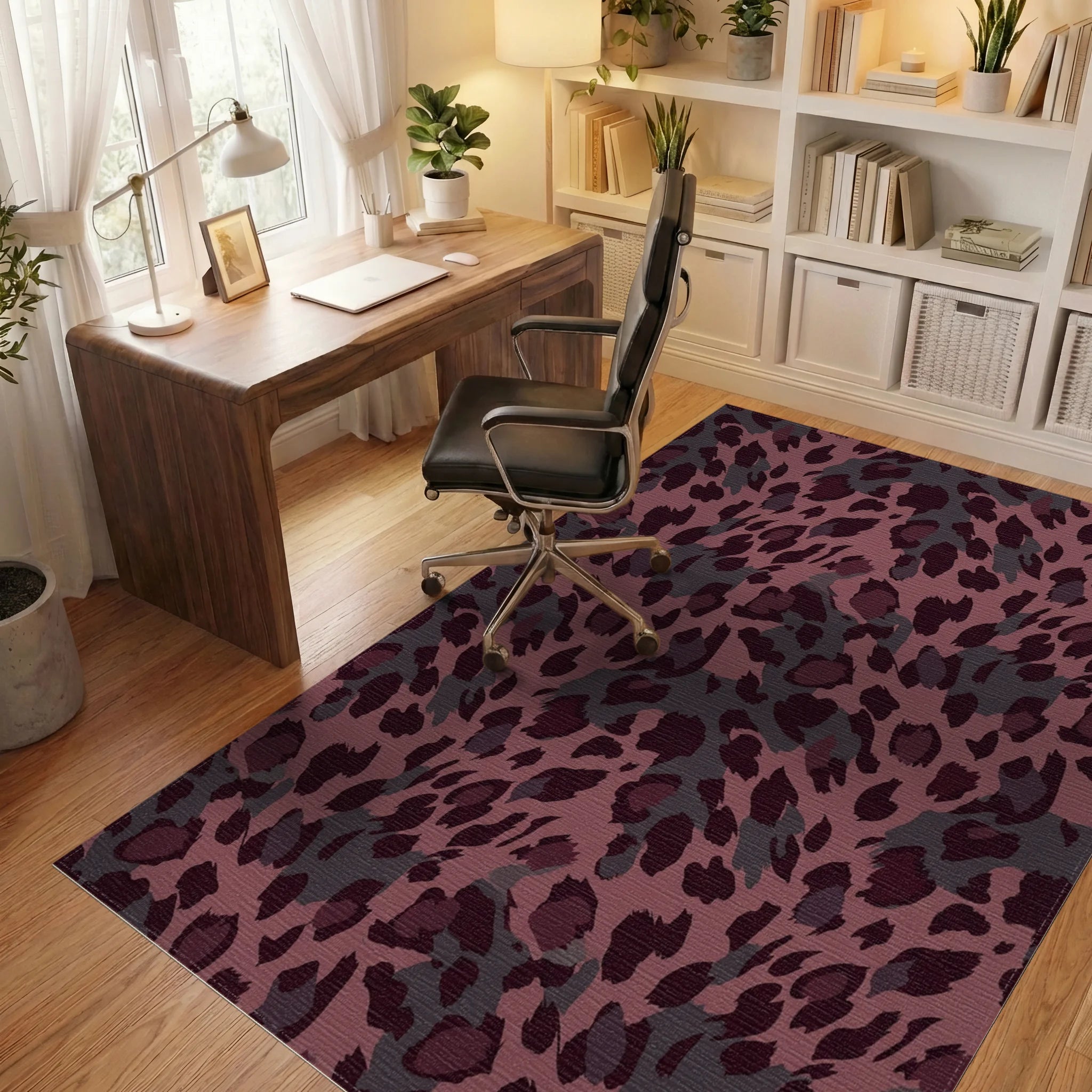 Deep Plum Leopard Spot Rug Office View