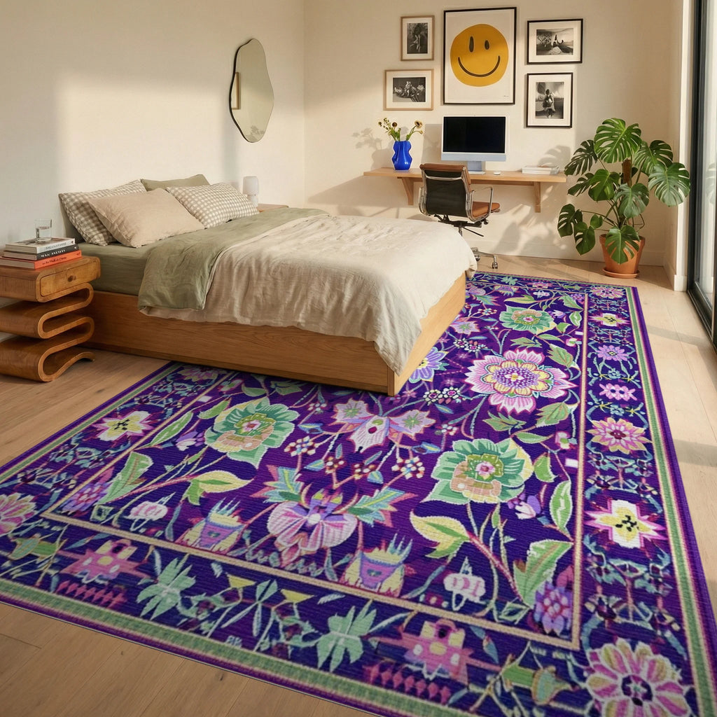 Deep Purple Floral Botanical Garden Rug - Bedroom View