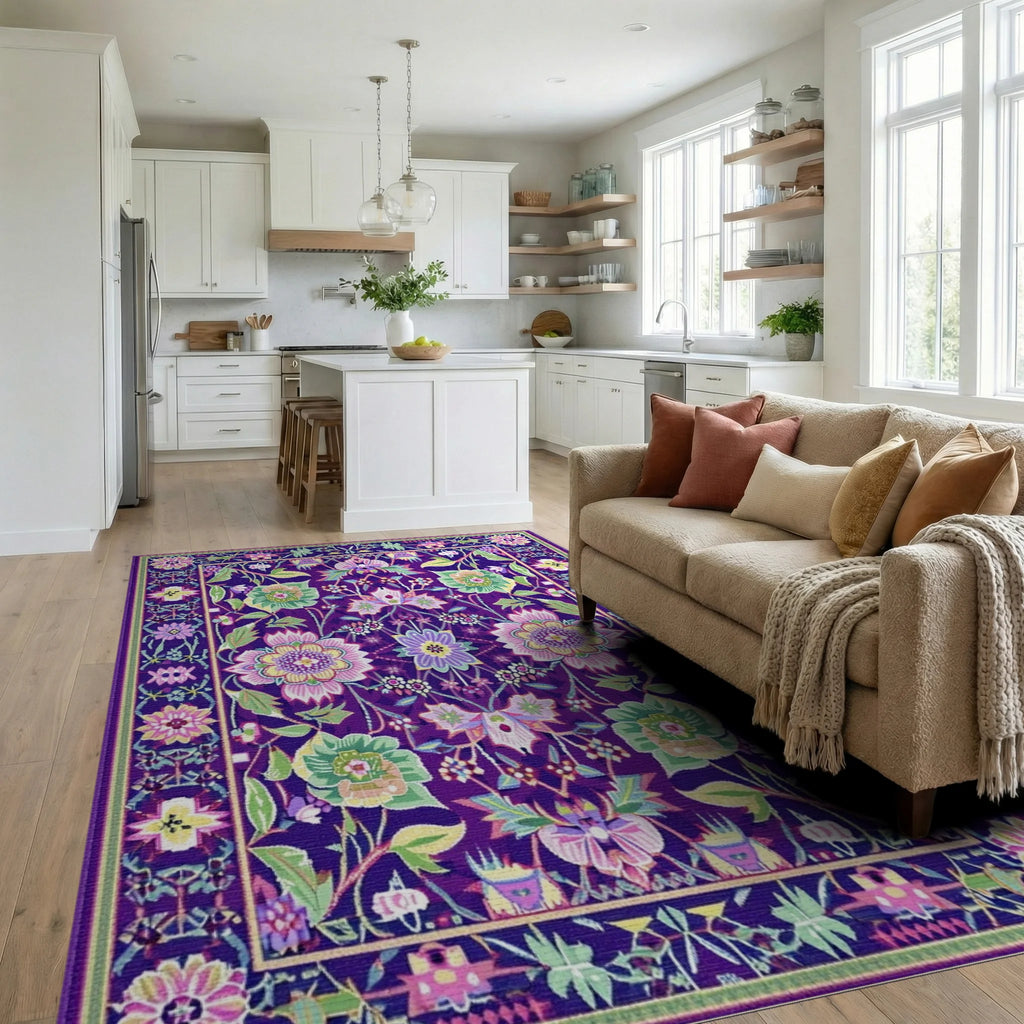 Deep Purple Floral Botanical Garden Rug - Living Room View