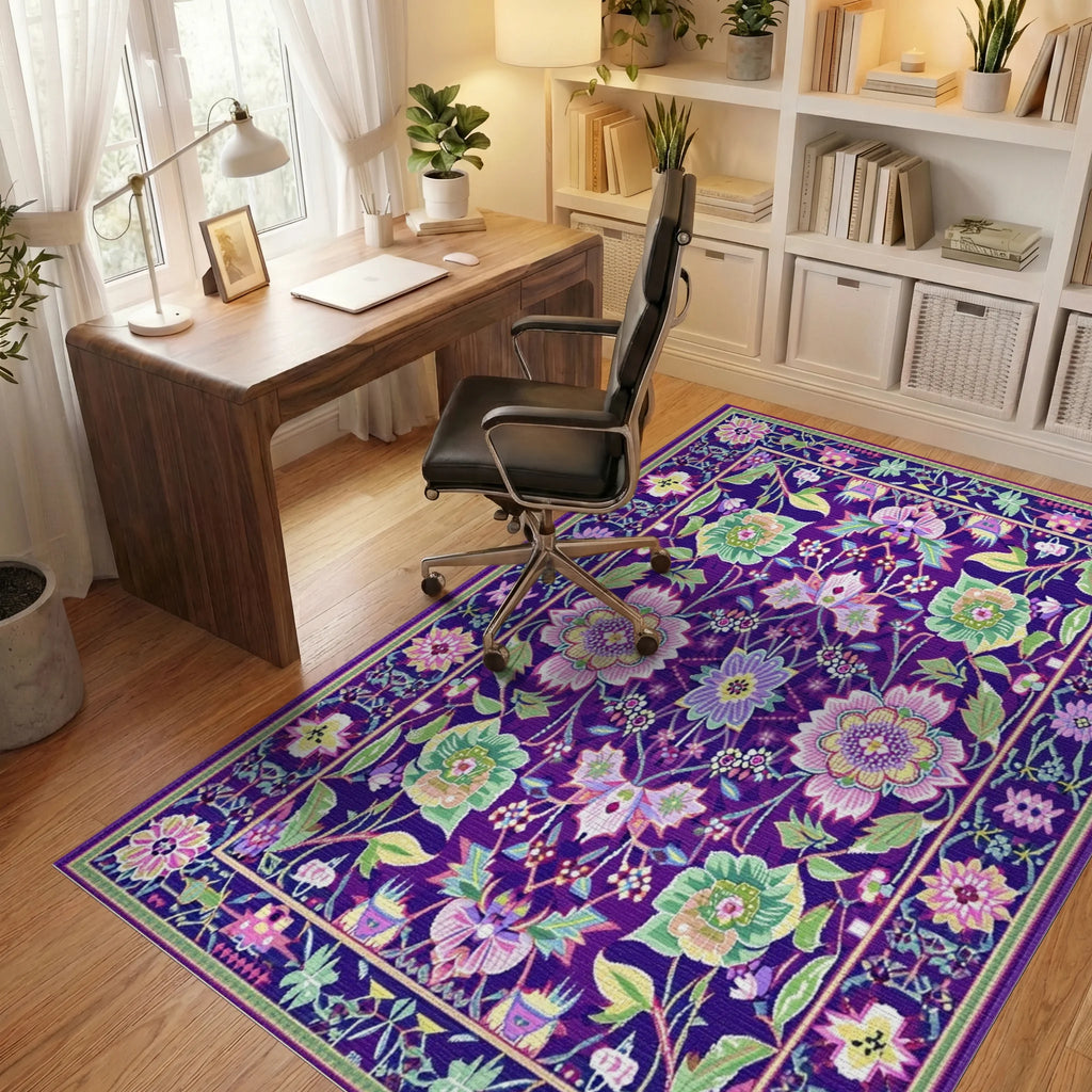 Deep Purple Floral Botanical Garden Rug - Office View