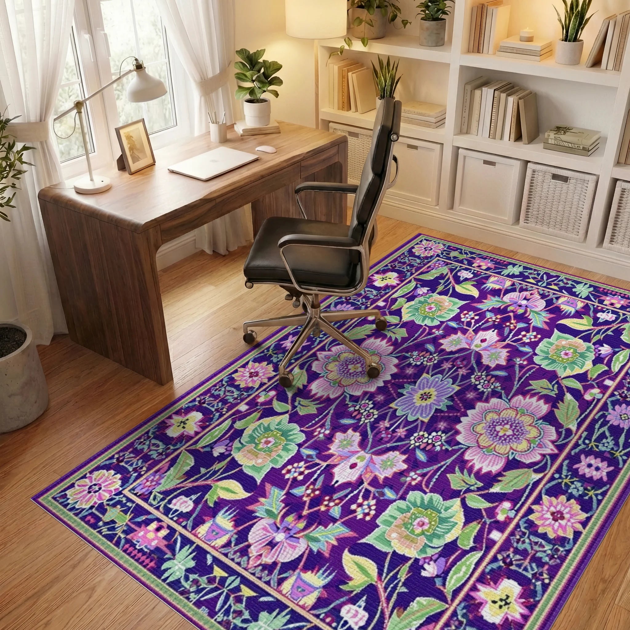 Deep Purple Floral Botanical Garden Rug - Office View
