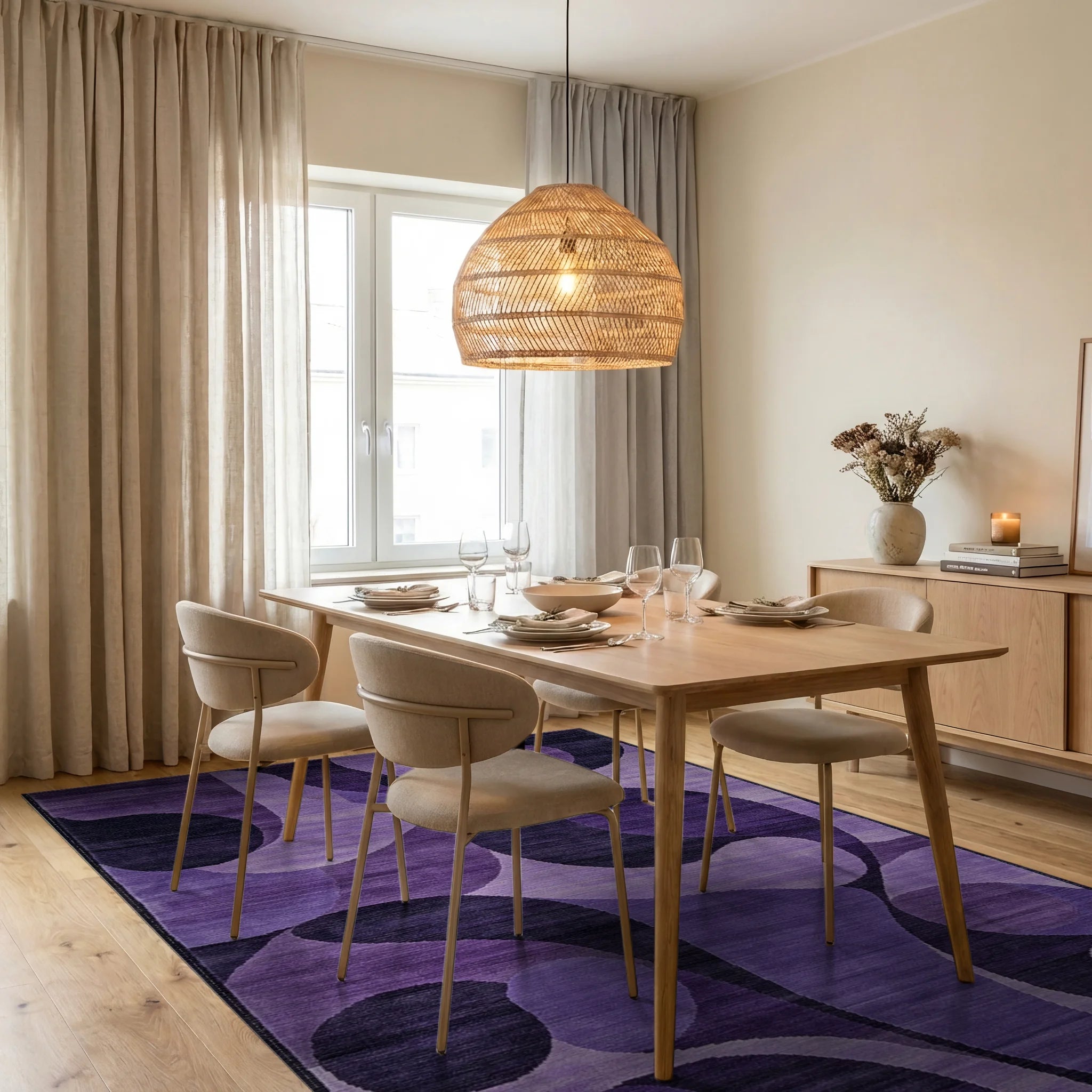 Deep Purple Swirl Abstract Art Rug - Dining Room View