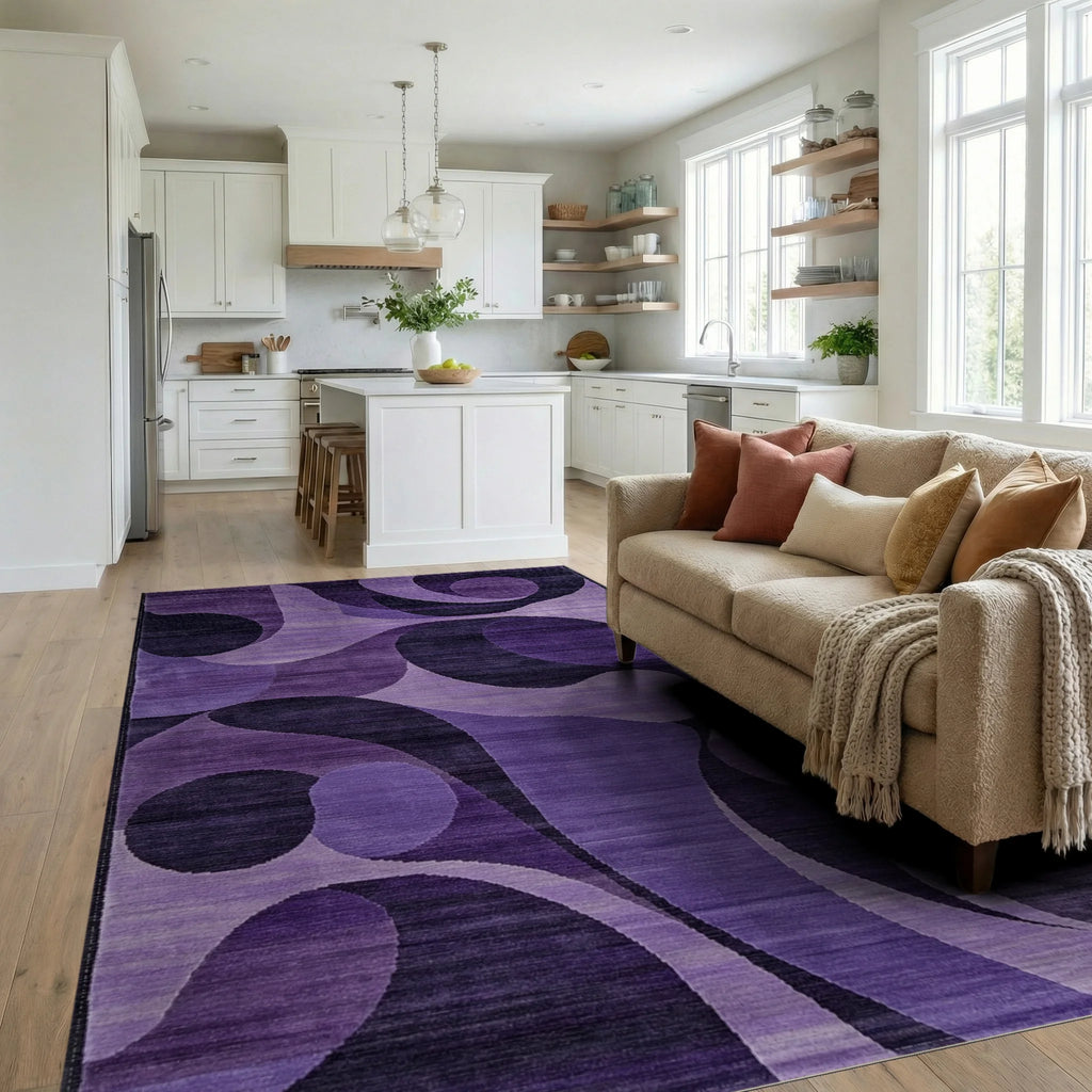 Deep Purple Swirl Abstract Art Rug - Living Room View