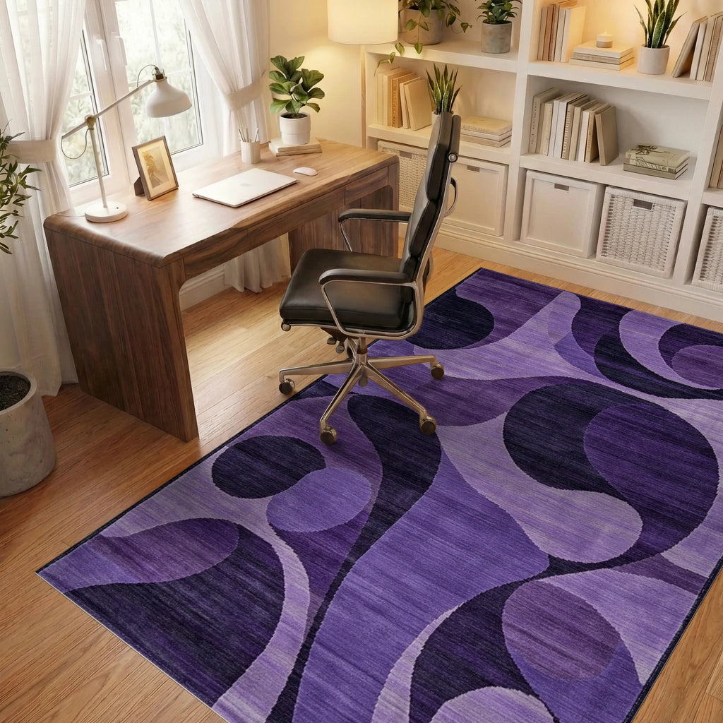 Deep Purple Swirl Abstract Art Rug - Office View