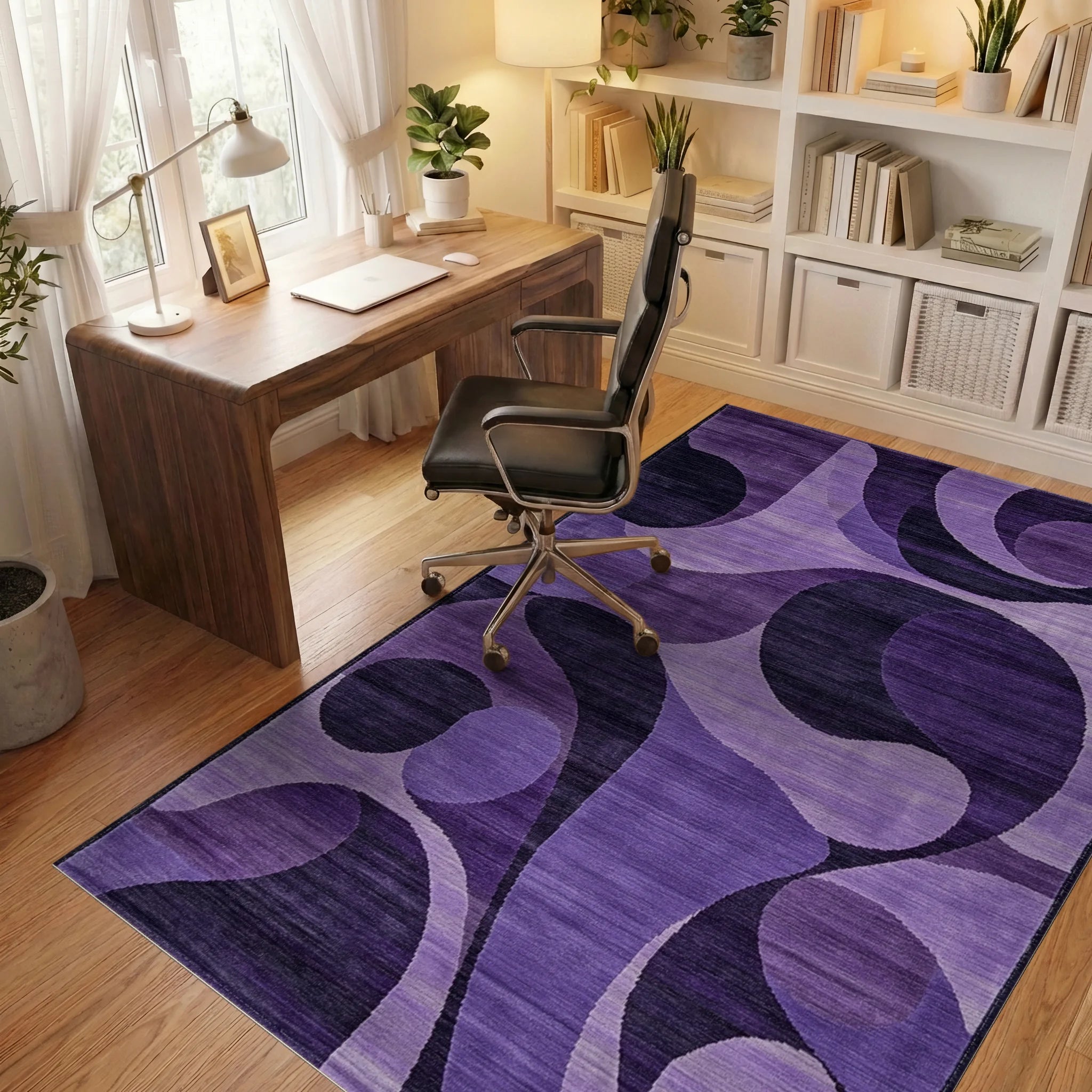 Deep Purple Swirl Abstract Art Rug - Office View