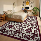 Deep Red Floral Scrollwork Symmetry Rug Bedroom View