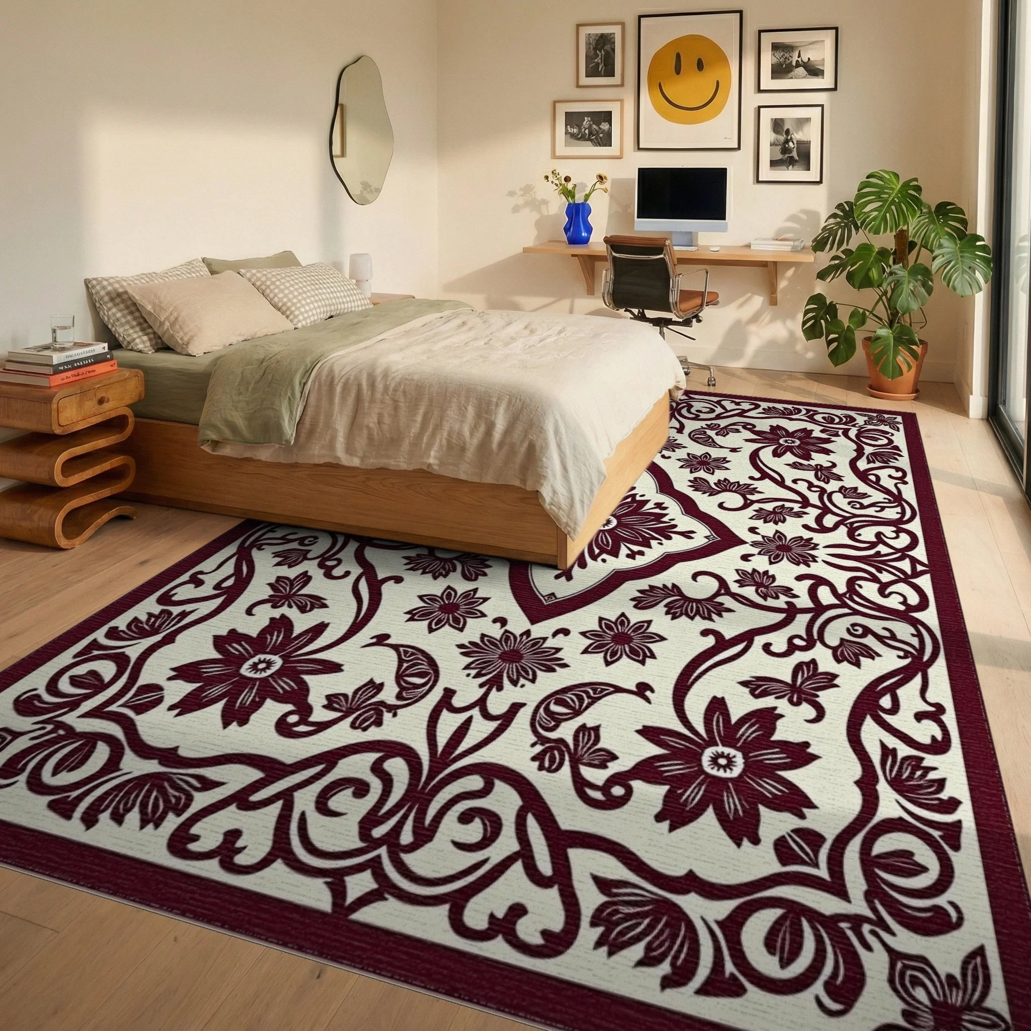 Deep Red Floral Scrollwork Symmetry Rug Bedroom View