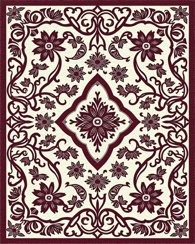 Deep Red Floral Scrollwork Symmetry Rug - Cutout View