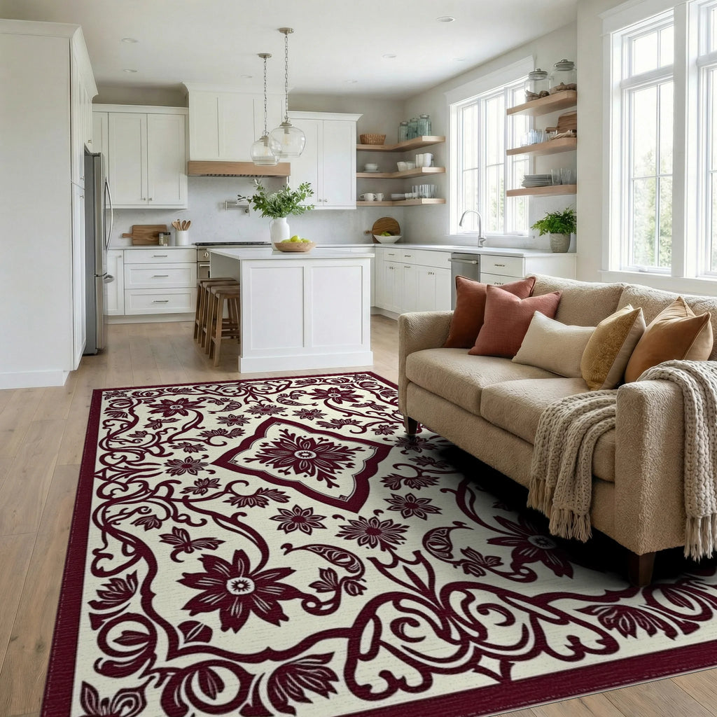 Deep Red Floral Scrollwork Symmetry Rug Living Room View