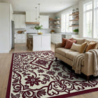 Deep Red Floral Scrollwork Symmetry Rug Living Room View