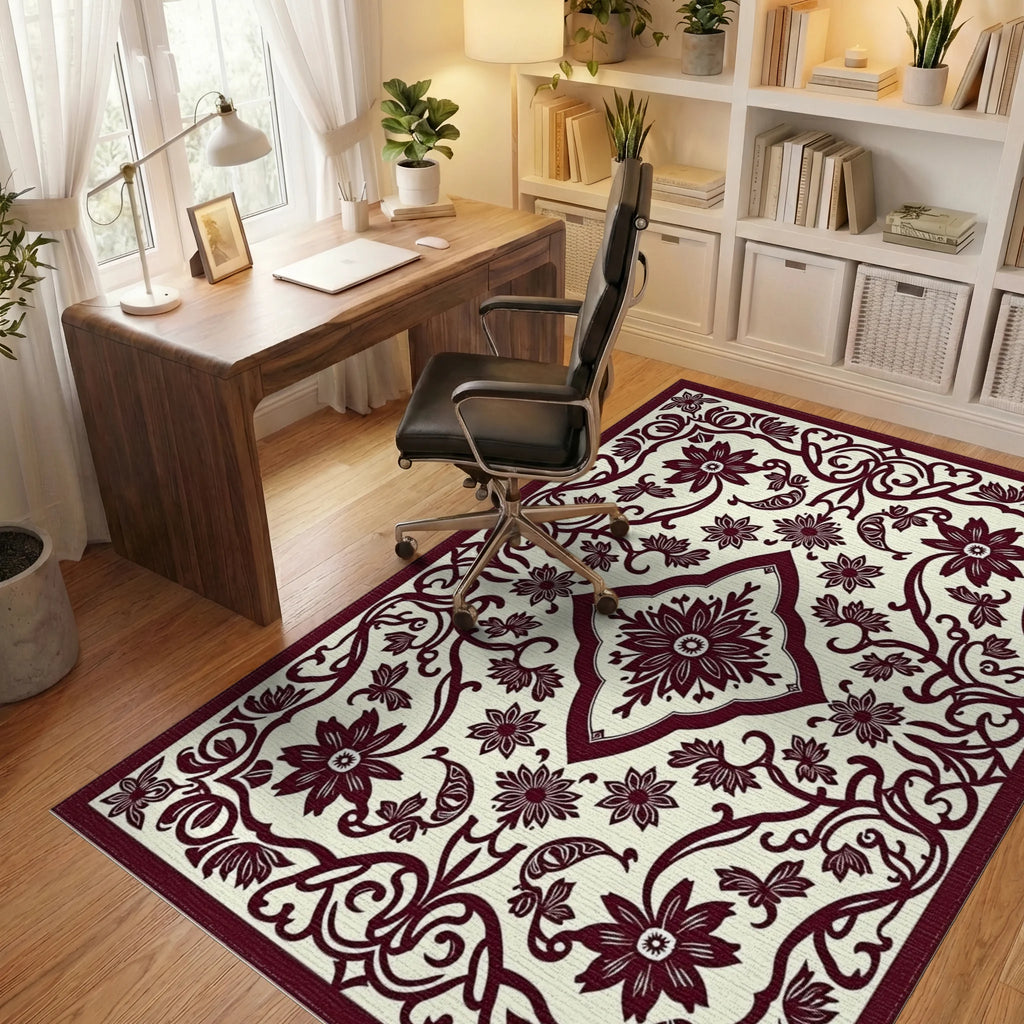 Deep Red Floral Scrollwork Symmetry Rug Office View