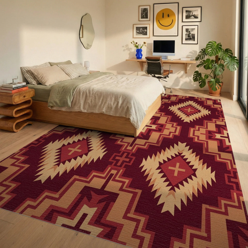 Deep Red Geometric Diamond Sunburst Rug Bedroom View