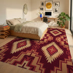 Deep Red Geometric Diamond Sunburst Rug Bedroom View