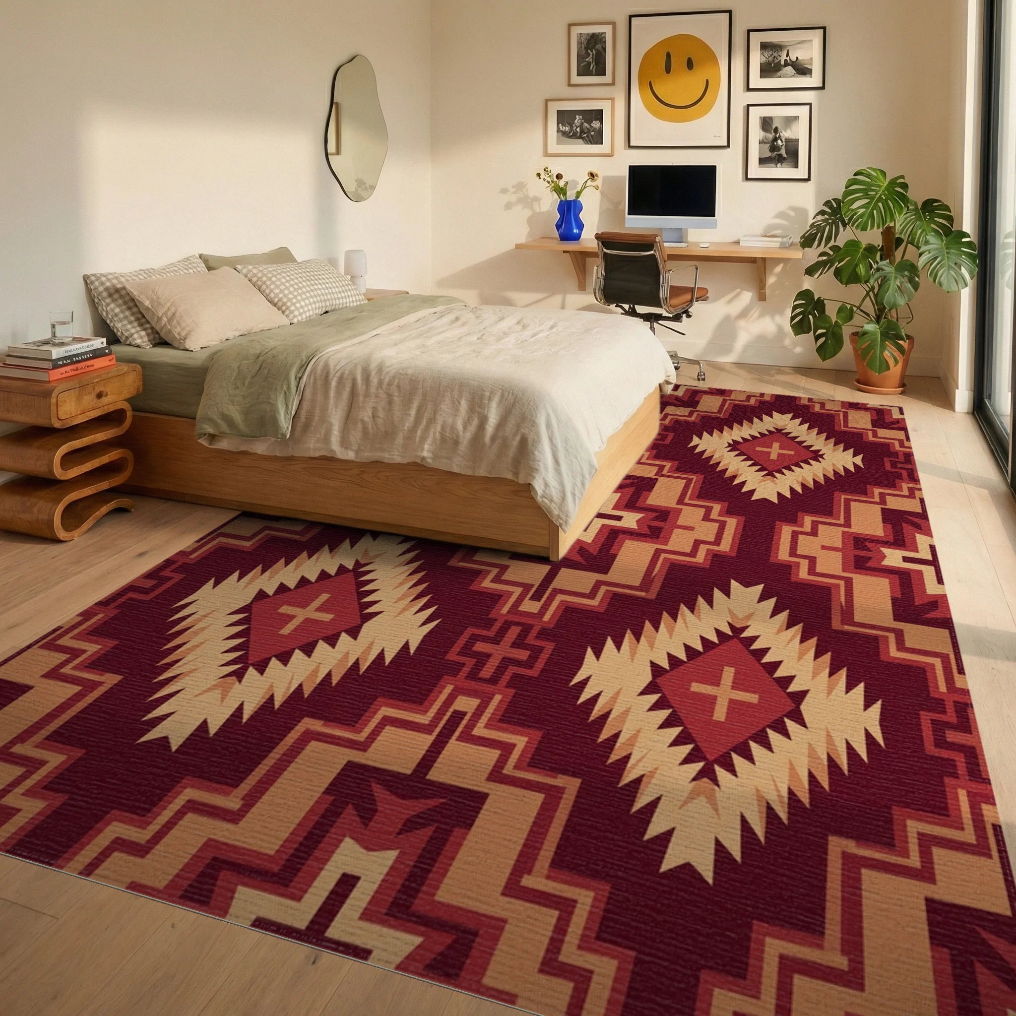 Deep Red Geometric Diamond Sunburst Rug Bedroom View