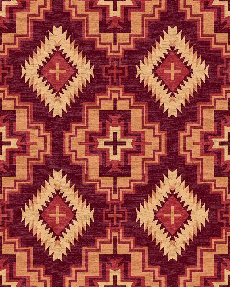 Deep Red Geometric Diamond Sunburst Rug - Cutout View