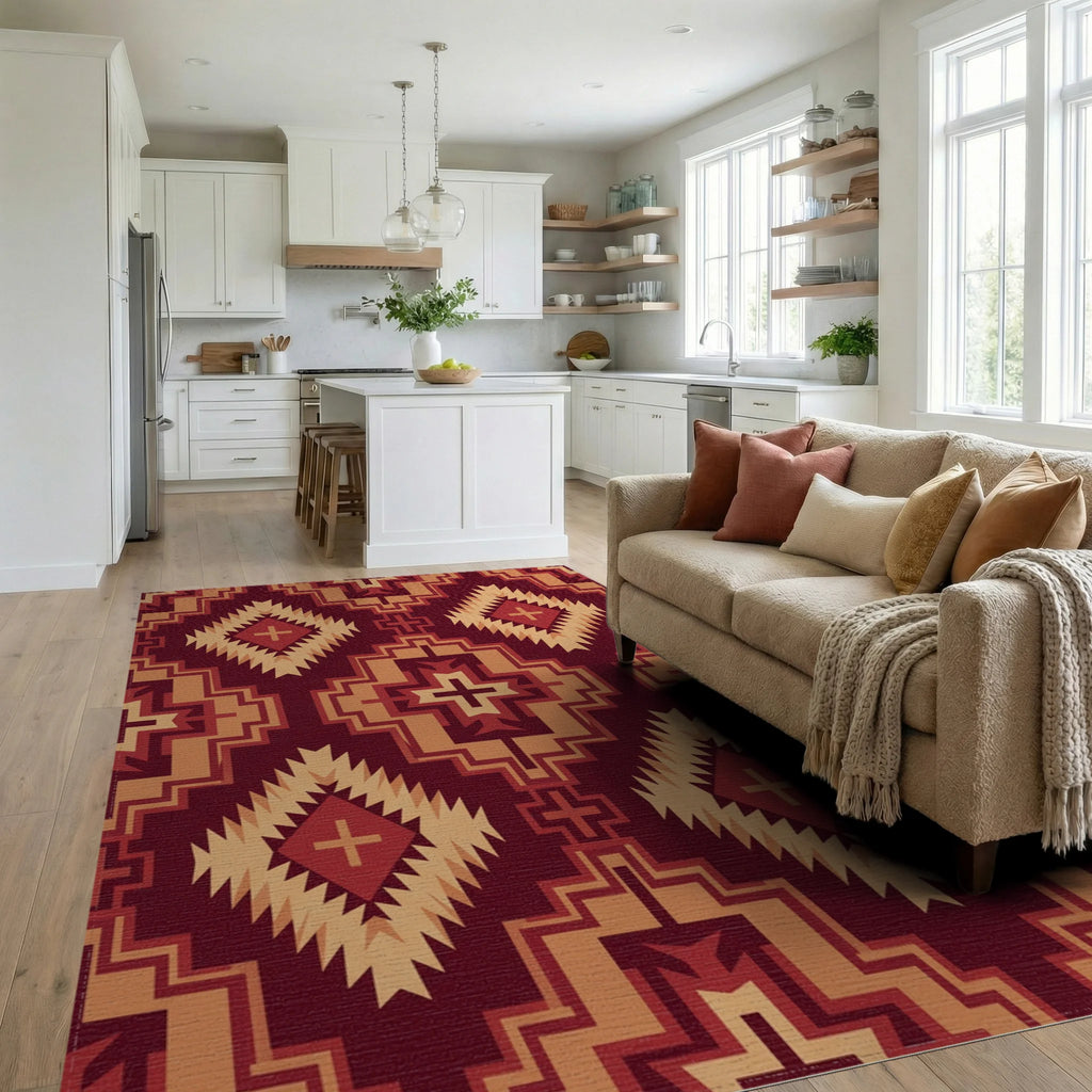 Deep Red Geometric Diamond Sunburst Rug Living Room View
