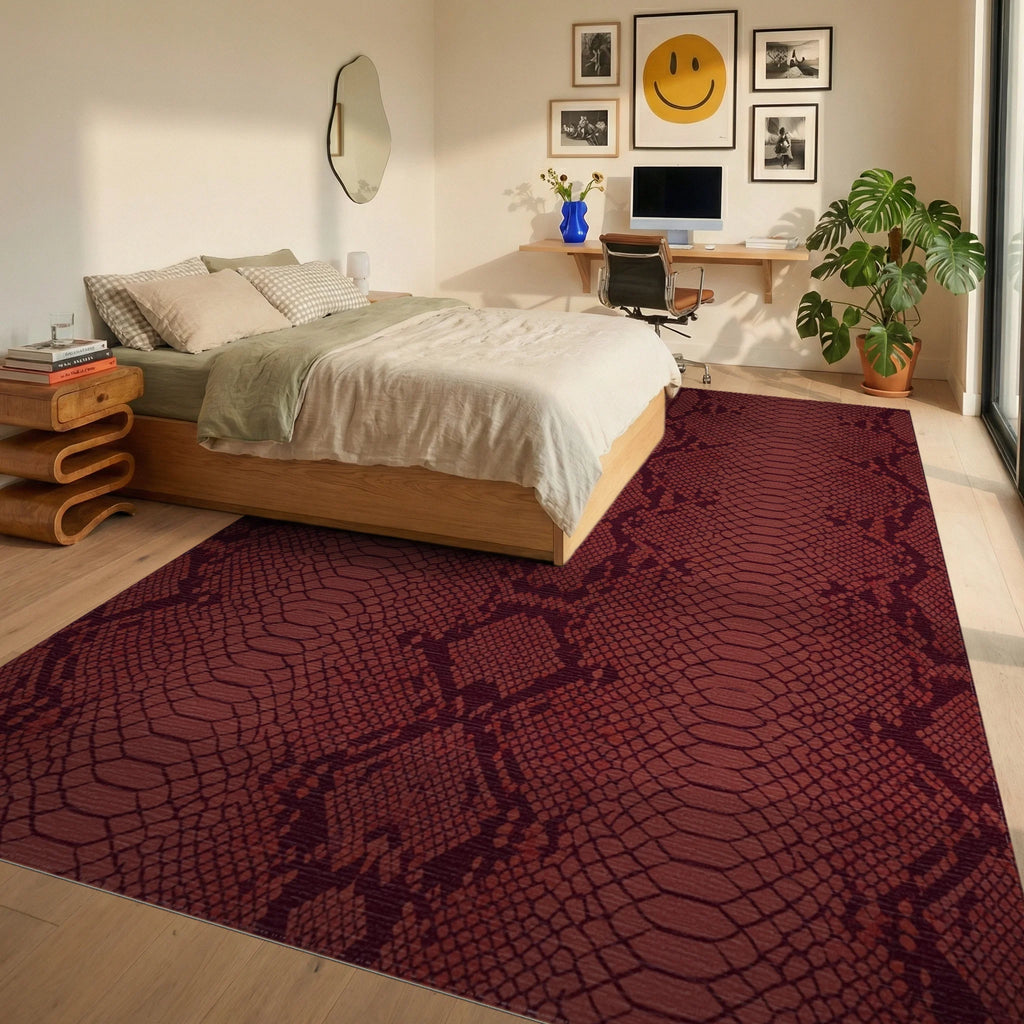Deep Red Python Scales Reptilian Rug Bedroom View
