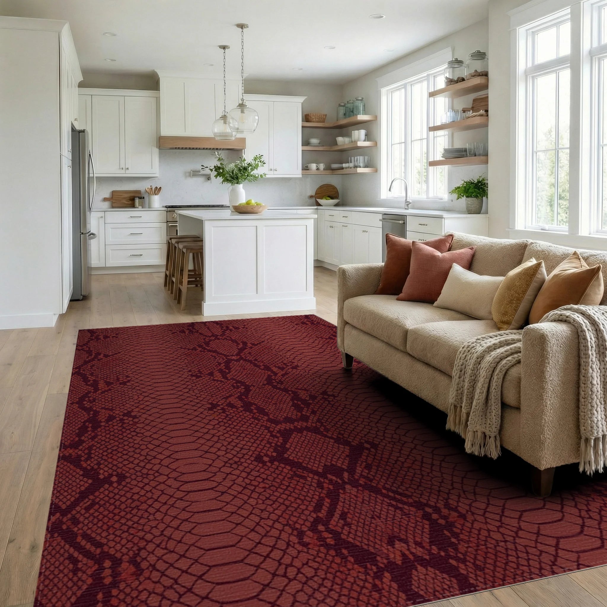Deep Red Python Scales Reptilian Rug Living Room View