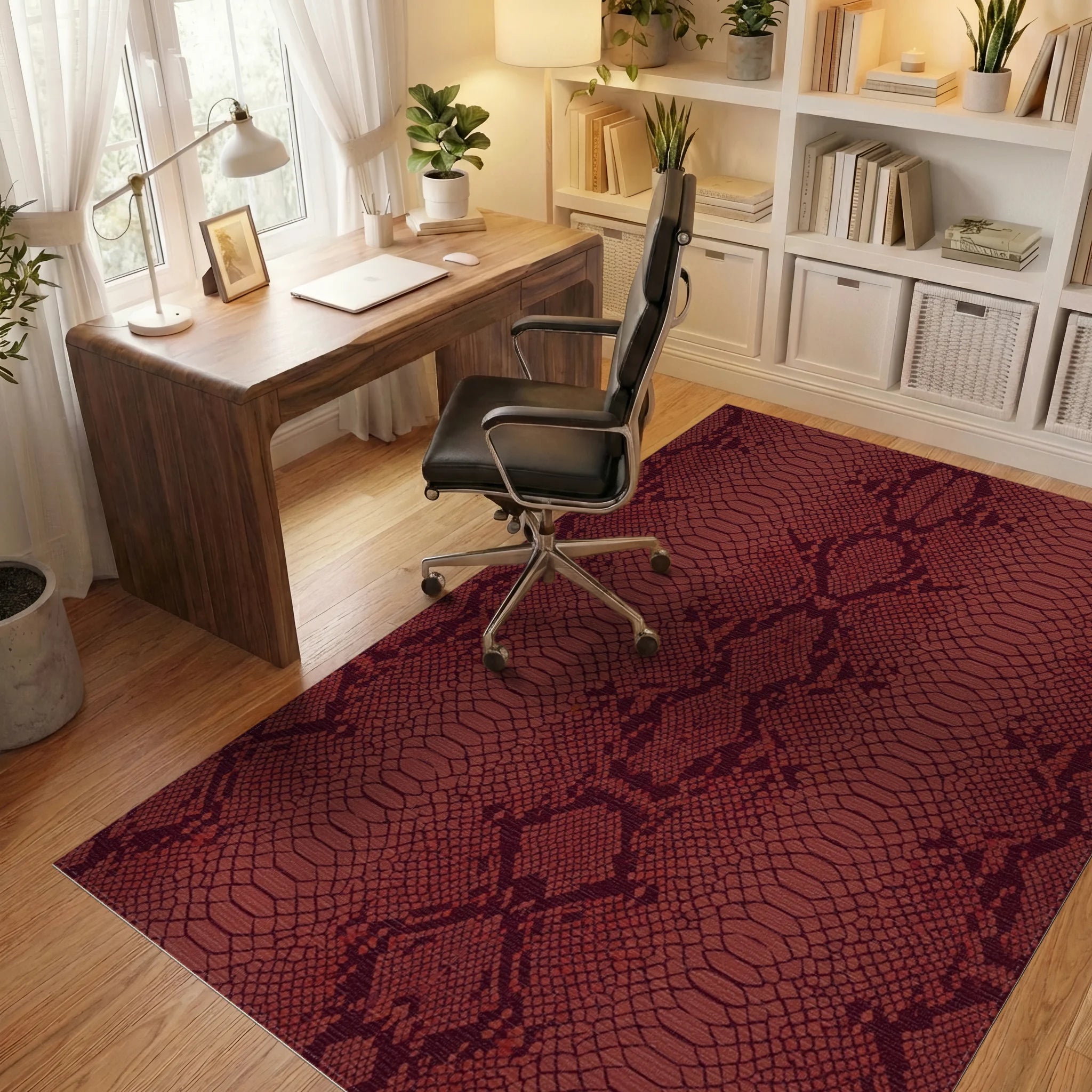 Deep Red Python Scales Reptilian Rug Office View