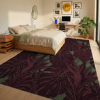 Deep Red Tropical Monstera Leaf Collage Rug Bedroom View