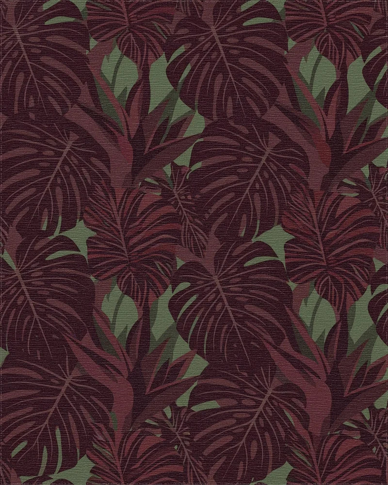 Deep Red Tropical Monstera Leaf Collage Rug - Cutout View