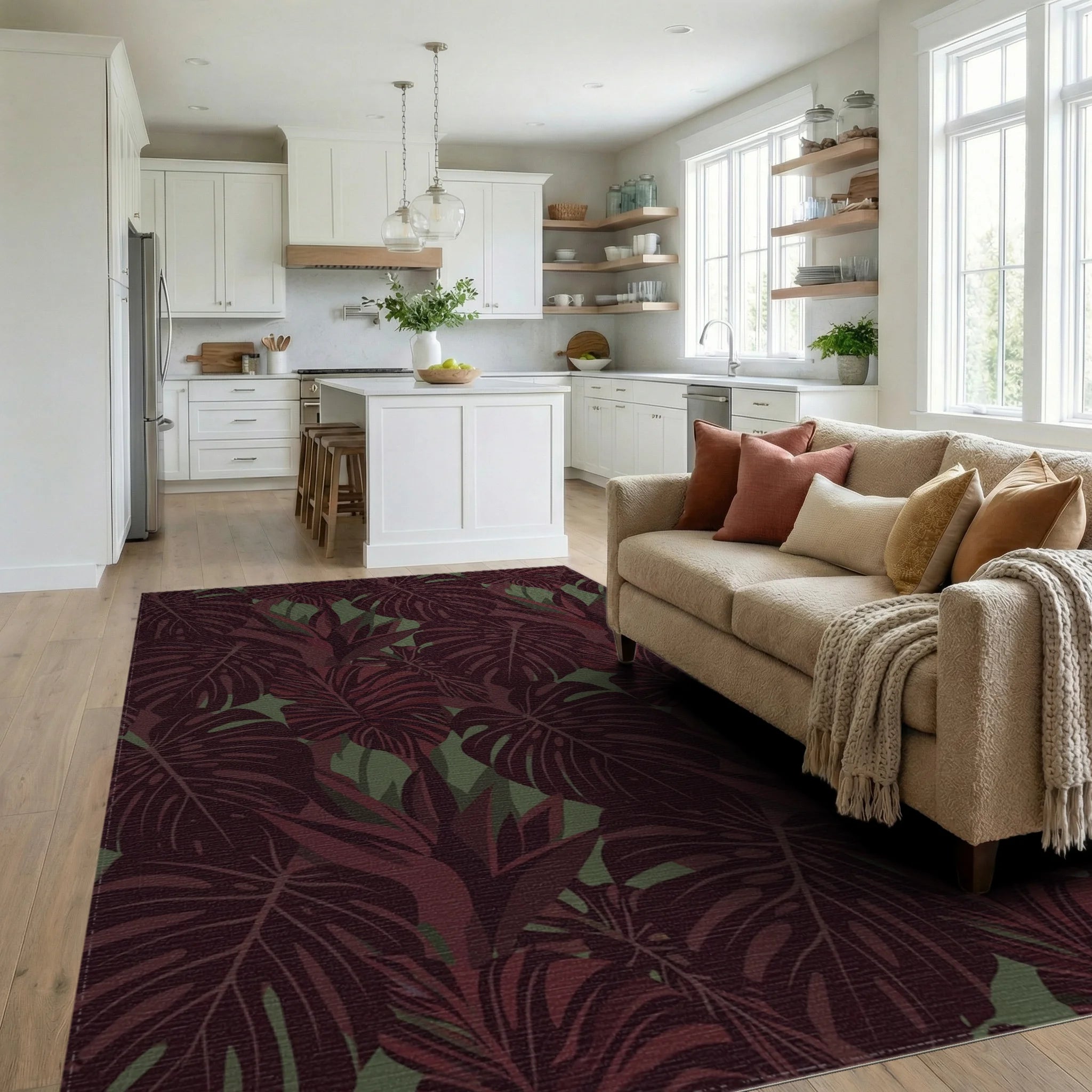 Deep Red Tropical Monstera Leaf Collage Rug Living Room View