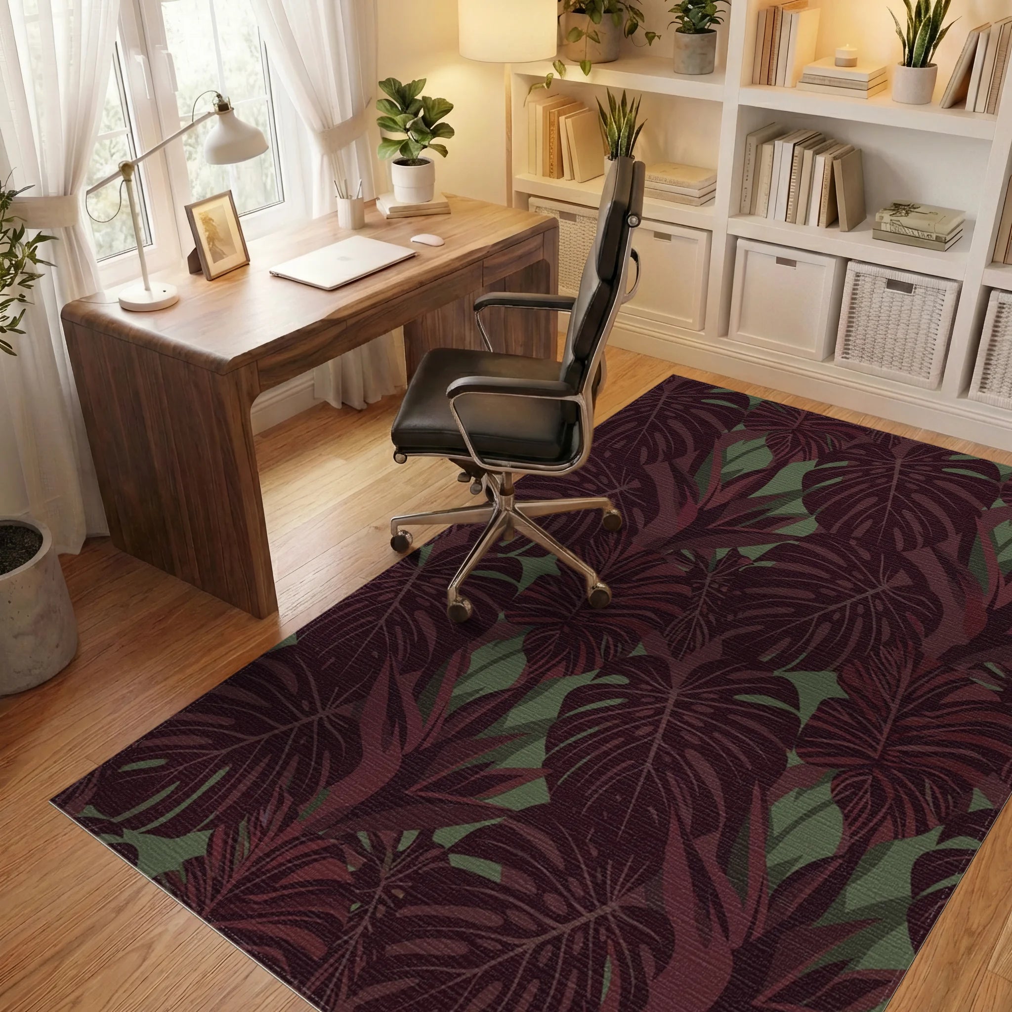 Deep Red Tropical Monstera Leaf Collage Rug Office View